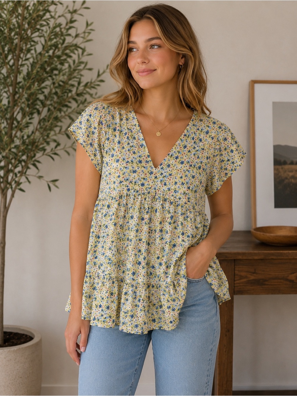 entro Yellow Floral V-Neck Tiered Tunic with Blue Accents